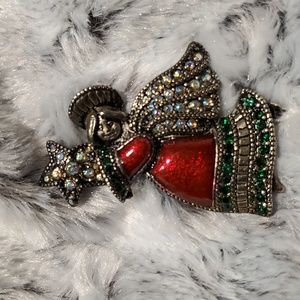 Vtg Christmas Angel Red Enamel Rhinestone Gown Wings Star Red Enamel Pin Brooch